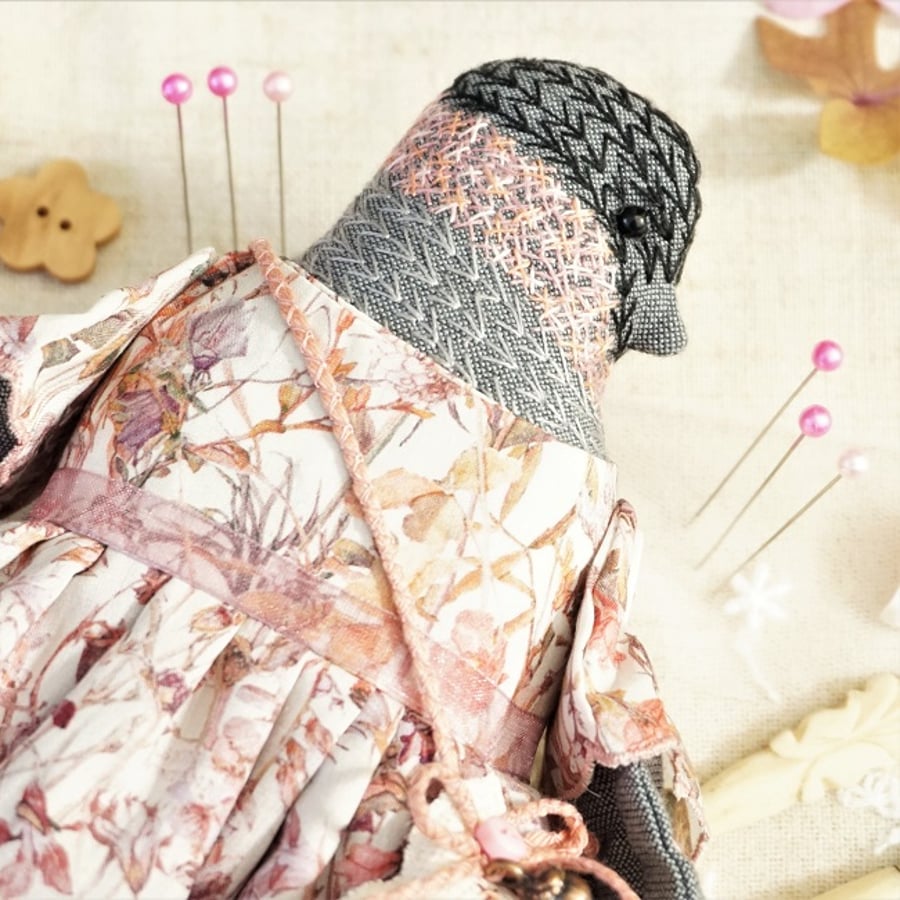 Briar, A Hand Embroidered Bullfinch Folk Art Rag Doll
