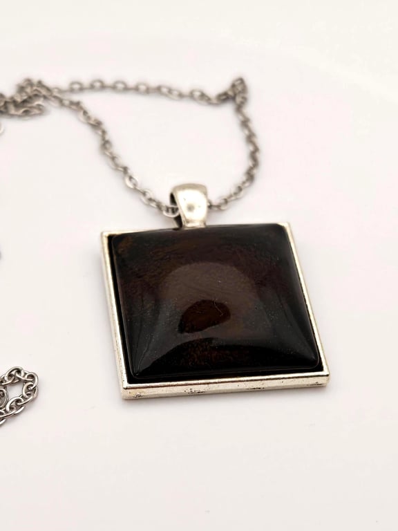 Black Resin Square Pendant Necklace: Brown Swirl, Stainless Steel Chain