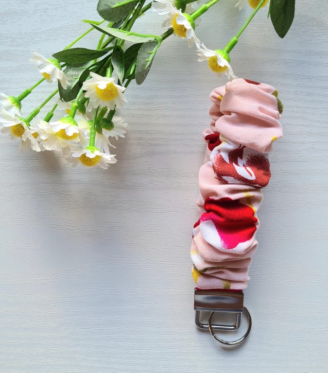 Wristlet Keychain, Pale Red Floral Scrunchie Style Soft Cotton Fabric Key Fob