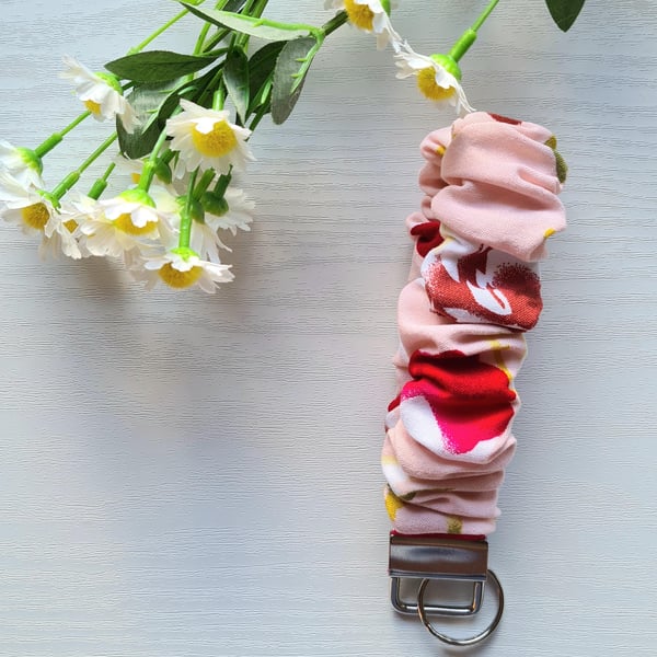 Wristlet Keychain, Pale Red Floral Scrunchie Style Soft Cotton Fabric Key Fob