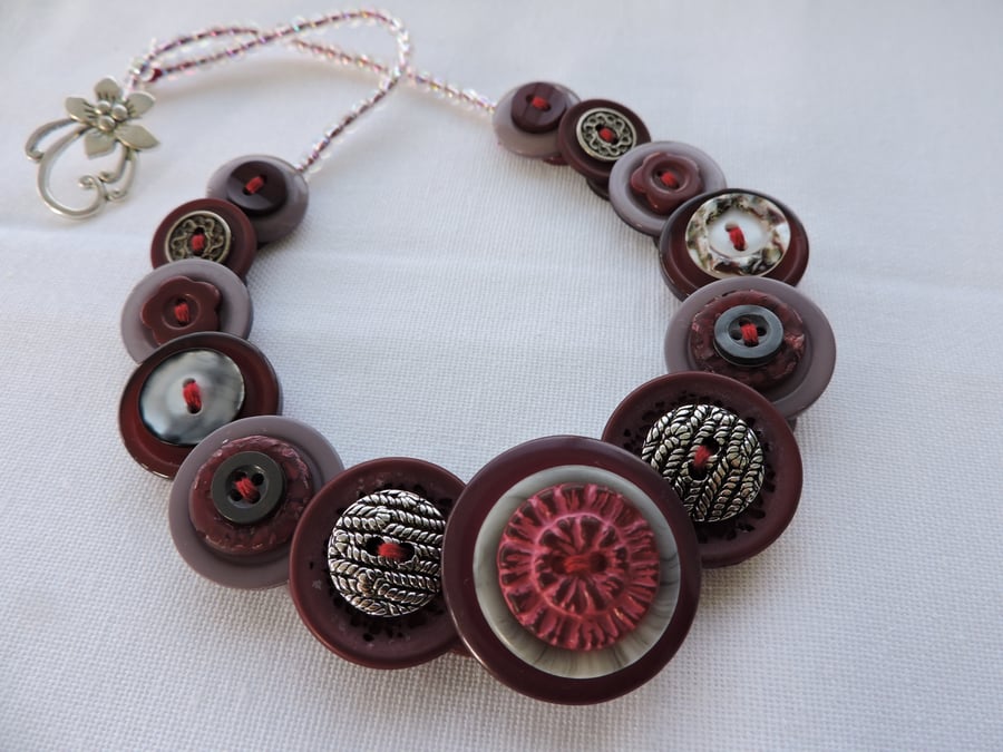  Button Necklace Burgundy Magenta and Grey