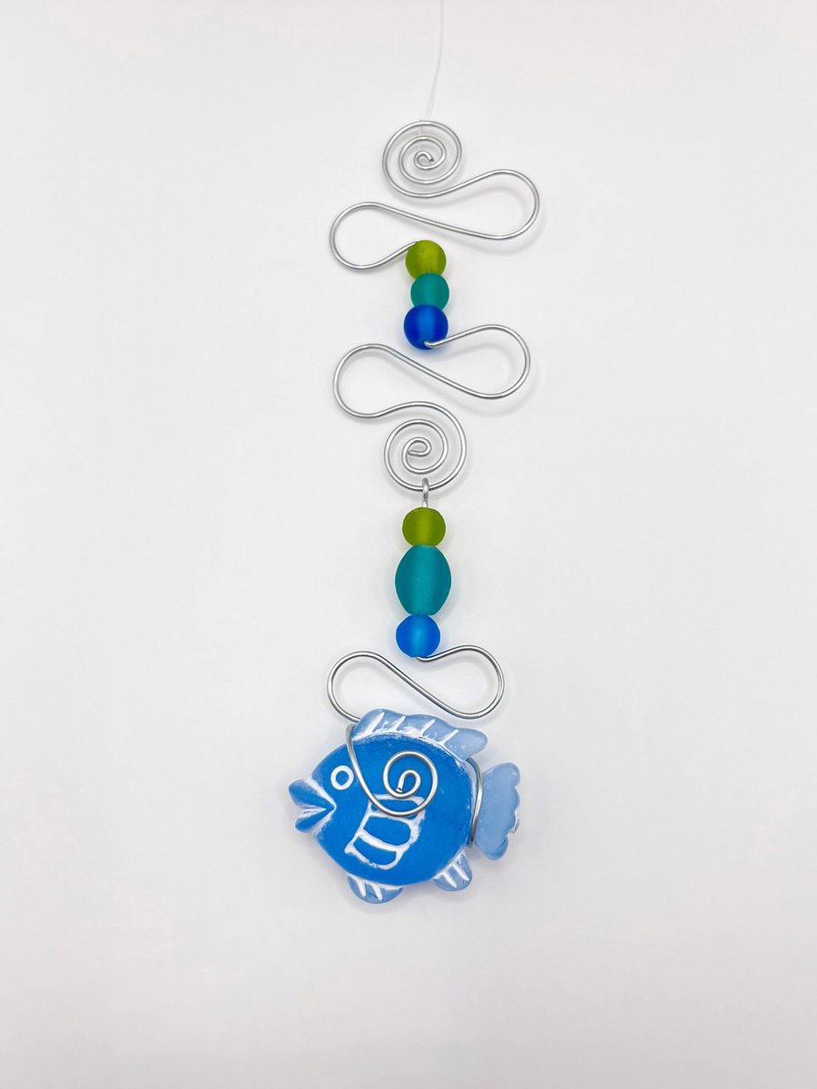 Blue Fish and Wire Mobile with Turquoise and Sea Green Glass Beads
