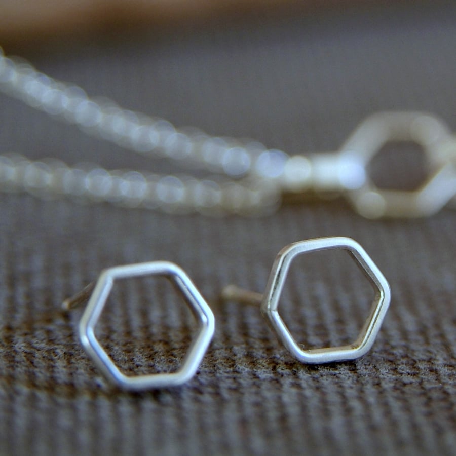 Little Geometric Earrings, Hexagon Studs, Honeycomb Cell, Sterling Silver.