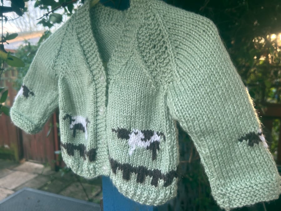 Hand knitted green vintage style baby cardigan , cows , baby shower gift 0-3 mon