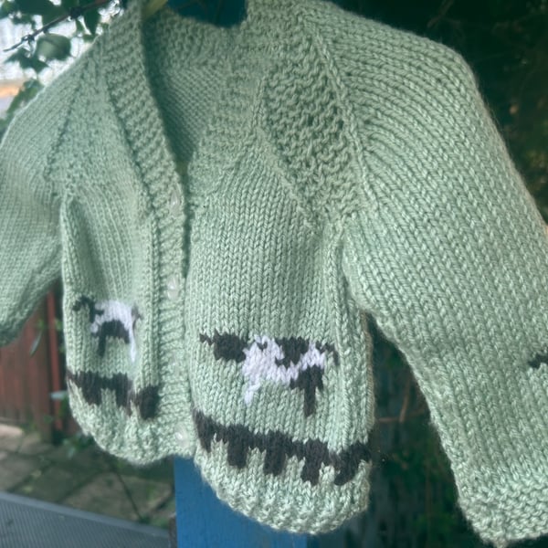 Hand knitted green vintage style baby cardigan , cows , baby shower gift 0-3 mon