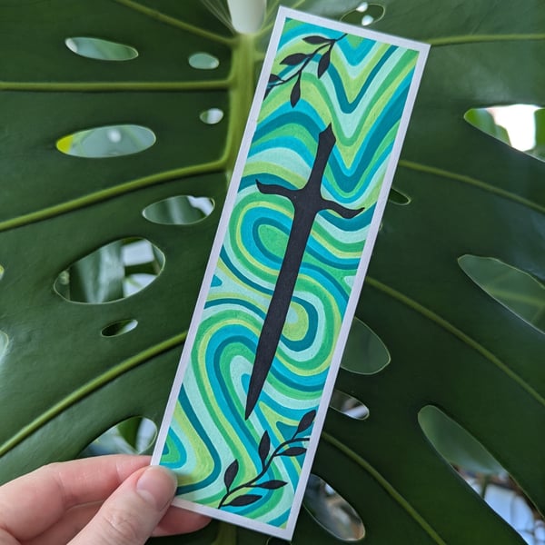 Handmade Green Swirl Sword and Leaves Bookmark