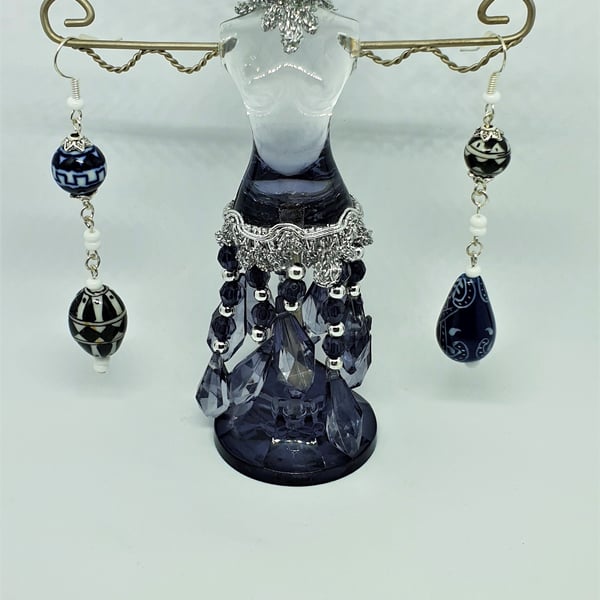 Long Dangle Drop Earrings, Handmade Earrings, Mismatched, White Glass Beads