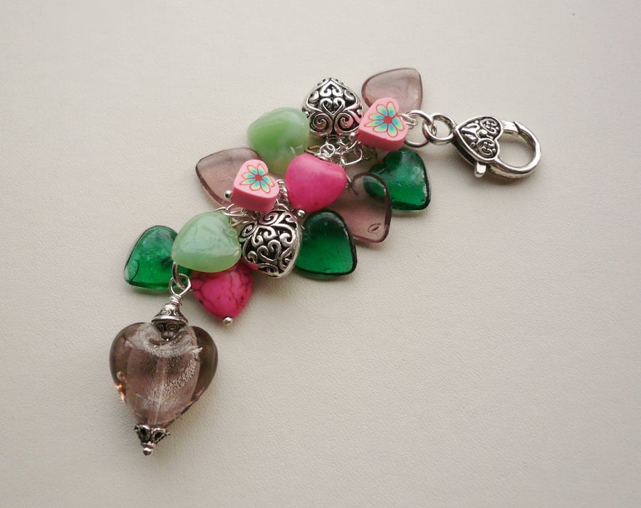 Handbag Charm Green and Pink Mixed Bead Silver Heart Themed  KCJ1641