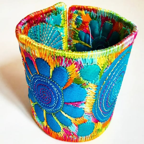 Cuff - Fabric Bracelet with Free Machine Embroidery 