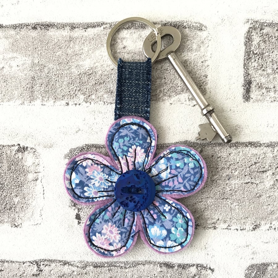 Flower Keyring, Bag Charm. Floral Blue