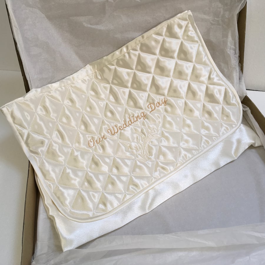 Satin Case for Keepsakes and Memorabilia, Embroidered with ‘ Our Wedding Day ‘