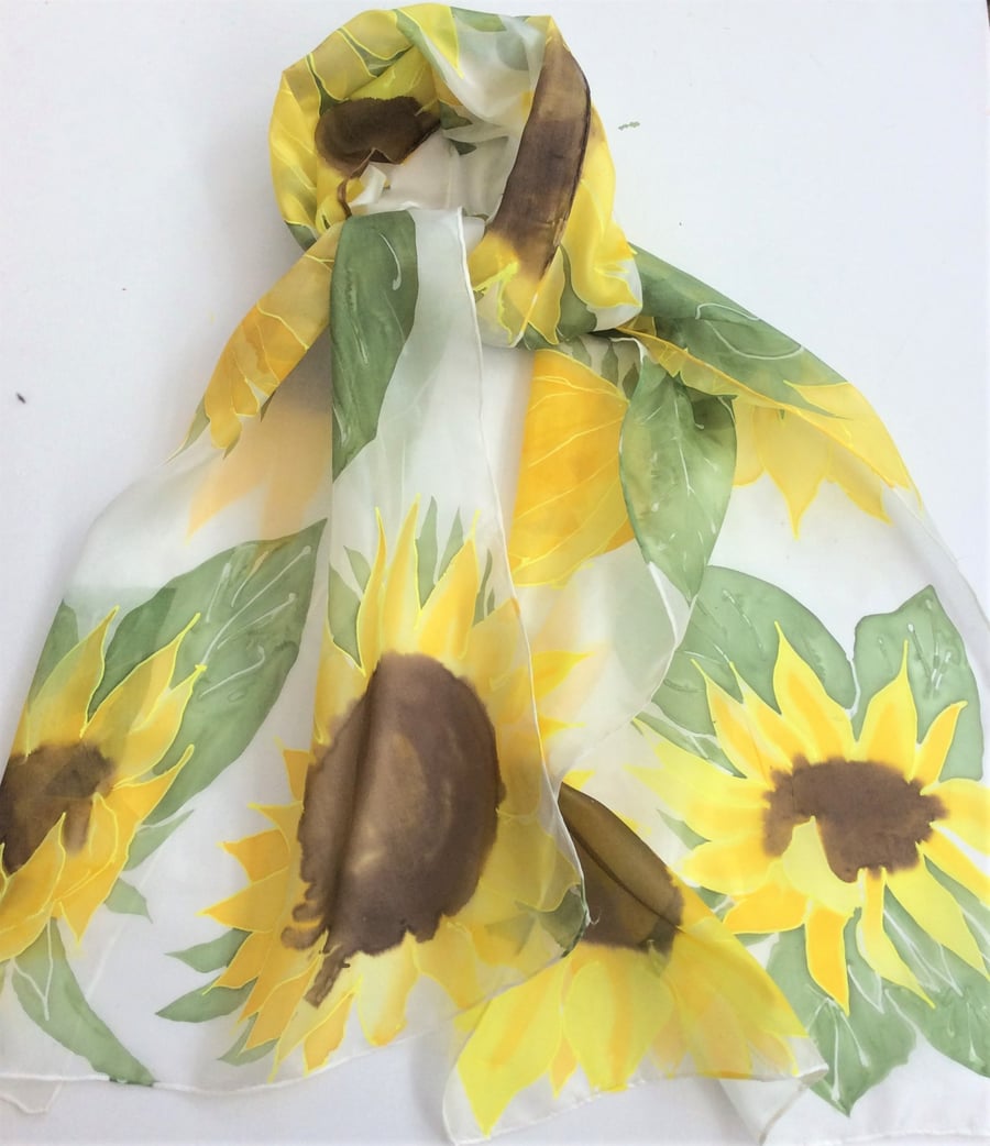 Sunflowers hand painted silk scarf
