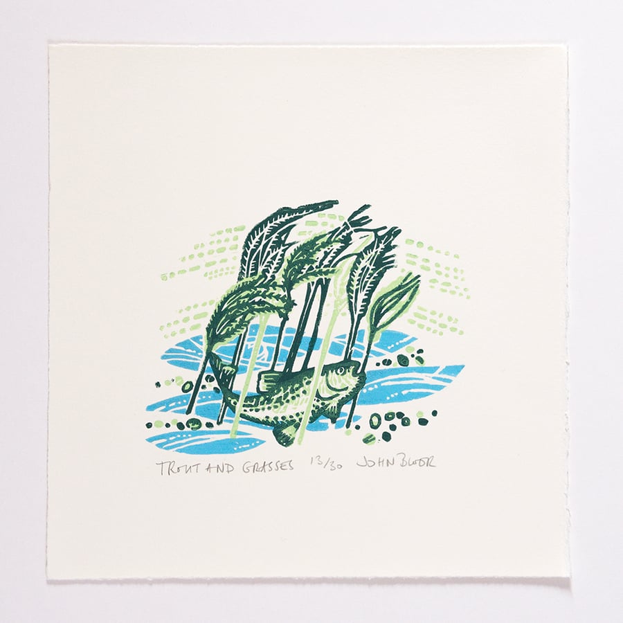 Flow and Furrow "Trout and Grasses" woodcut print
