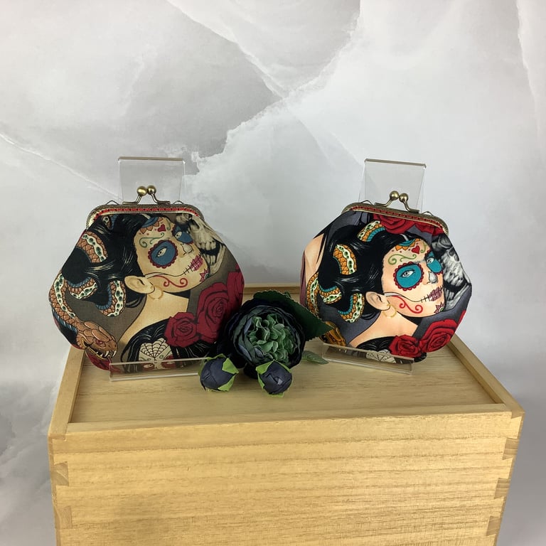 Day of the Dead coin purse, frame purse, 2 colour options, Optional chain