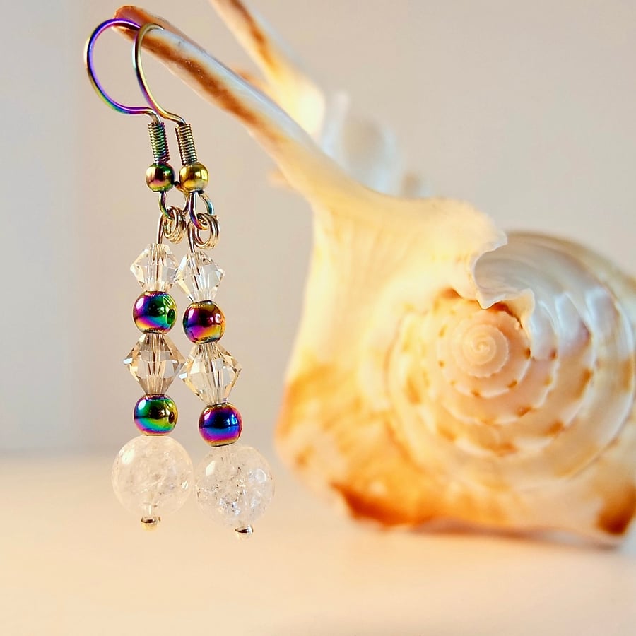 Crackle Quartz, Rainbow Hematite & Swarovski Crystal Earrings - Free UK Delivery