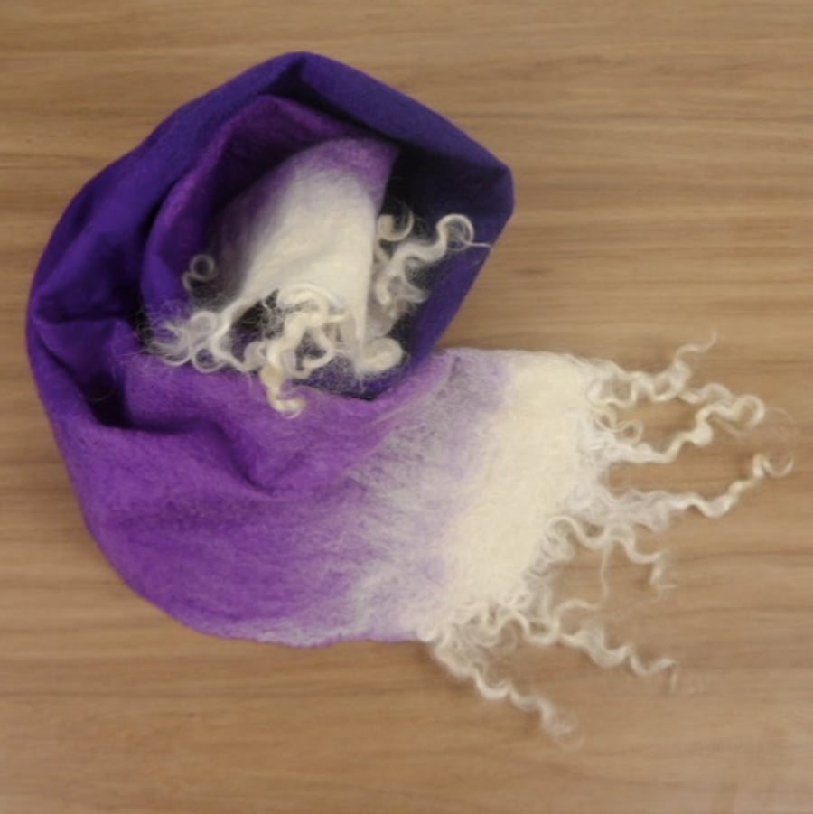 Felted Scarf, purple and white, gift boxed