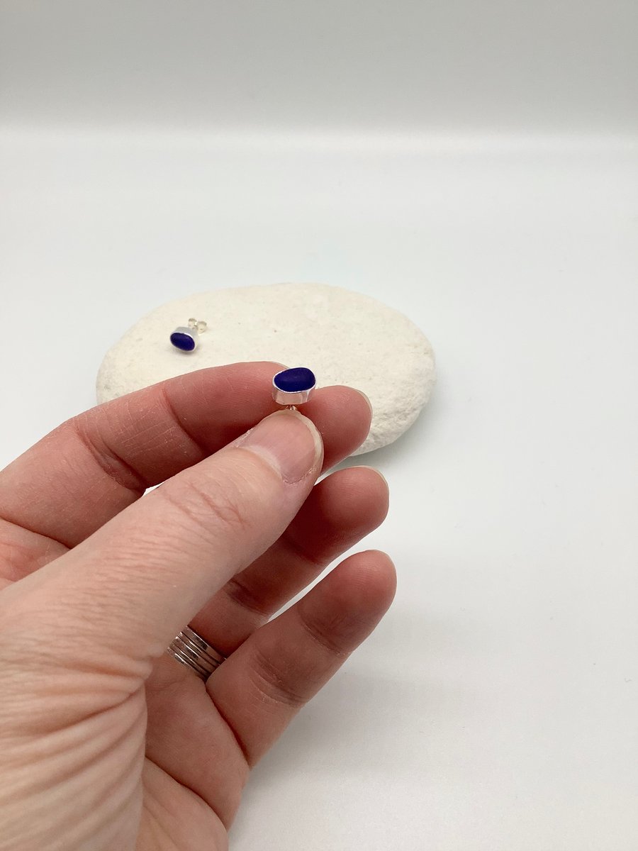 Dark Blue Sea Glass Stud Earrings