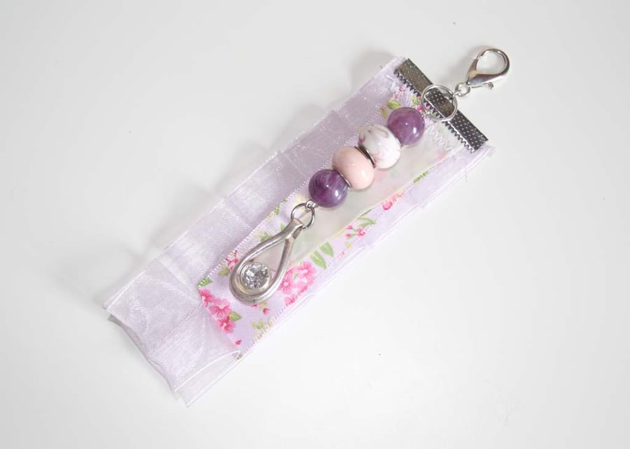 Junk Journal Dangle Tassel Pink and Purple Ribbon and Beads