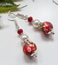 Floral Polymer Clay Beads, Red Coral & Shell Pearl Silver Plate Earrings - Image 4