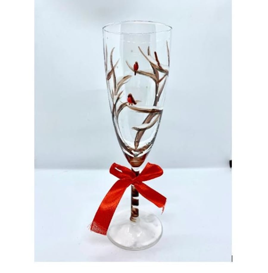 Hand Painted Christmas Champagne Flutes Robin Glasses Christmas Tableware