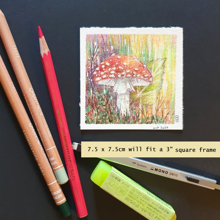 Art Miniature - Fly Agaric mushroom drawing, original drawing