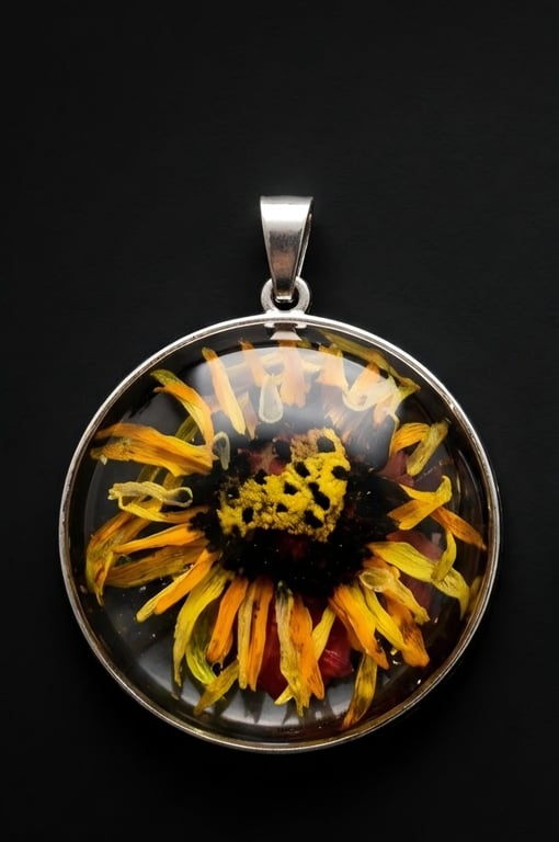Hand painted Sunflower Pendant – Handcrafted Resin & Silver Bezel Necklace 