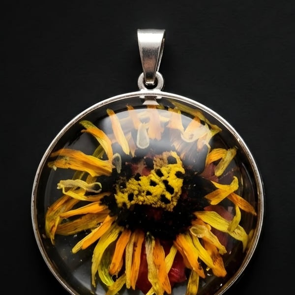 Hand painted Sunflower Pendant – Handcrafted Resin & Silver Bezel Necklace 