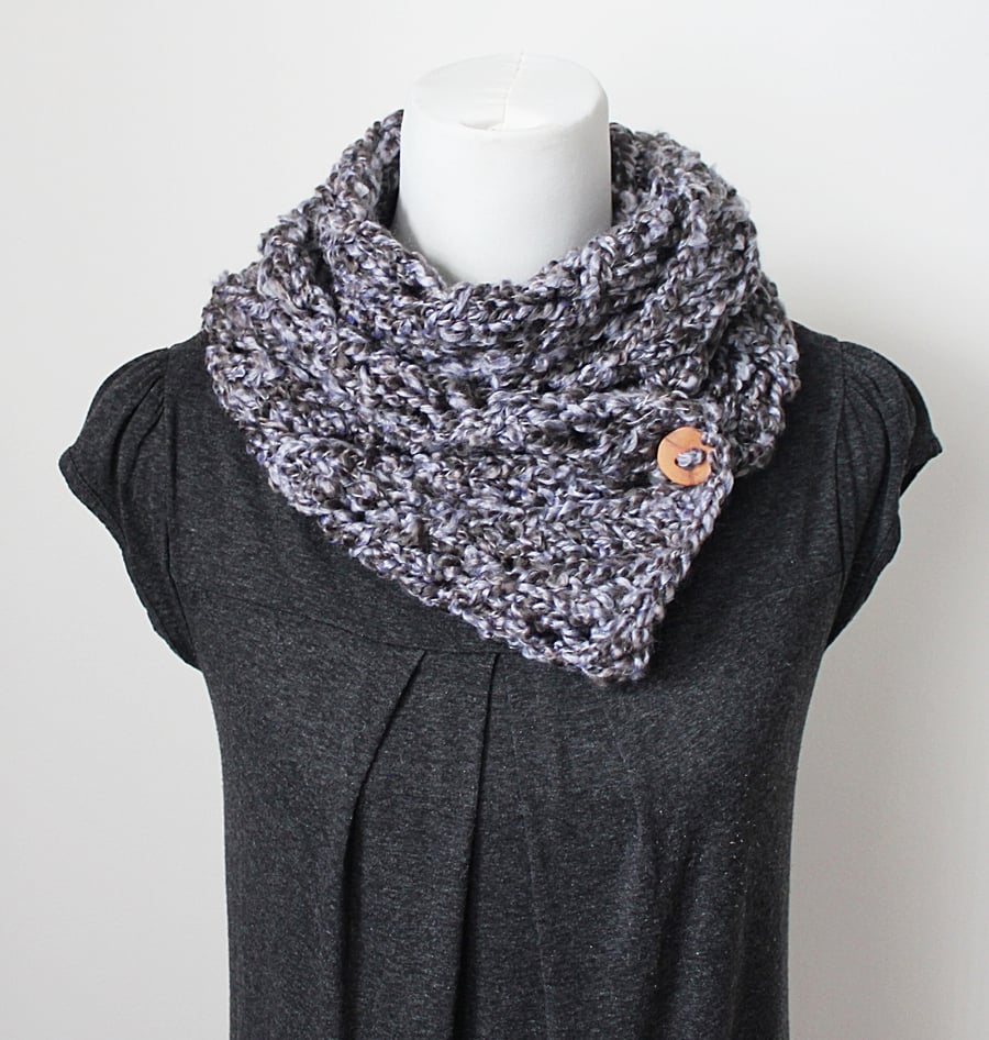 Gray button scarf snood, neckwear, gift guide, knitwear UK, vegan, womens