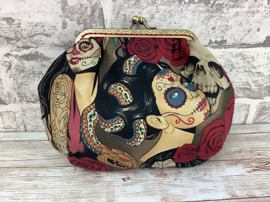 Gothic Day of the Dead small fabric frame clutch, makeup bag, Purse