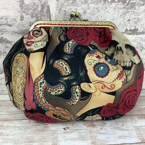 Gothic Day of the Dead small fabric frame clutch, makeup bag, Purse