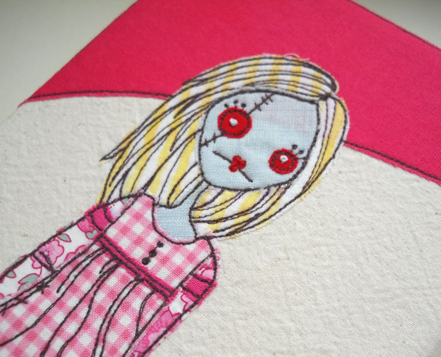 embroidered zombie lady textile art