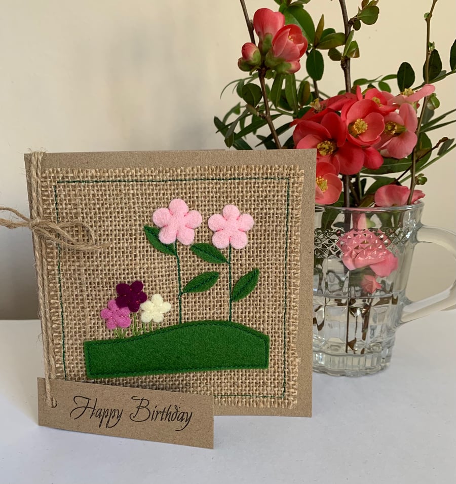 Birthday card. Pink and cream flowers. Wool felt. Handmade Card.