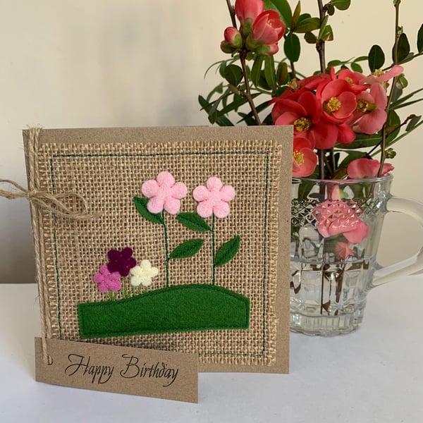 Birthday card. Pink and cream flowers. Wool felt. Handmade Card.