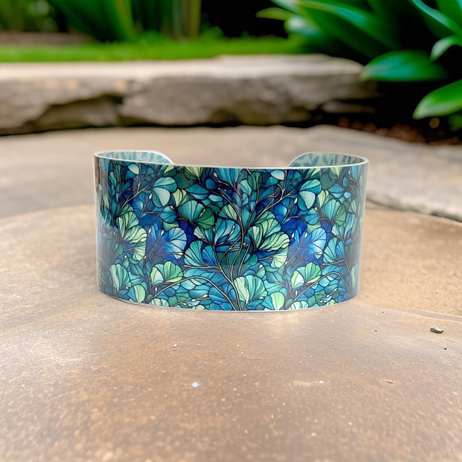 Ginkgo cuff bracelet, blue green wide metal bangle. Can be personalised (828)