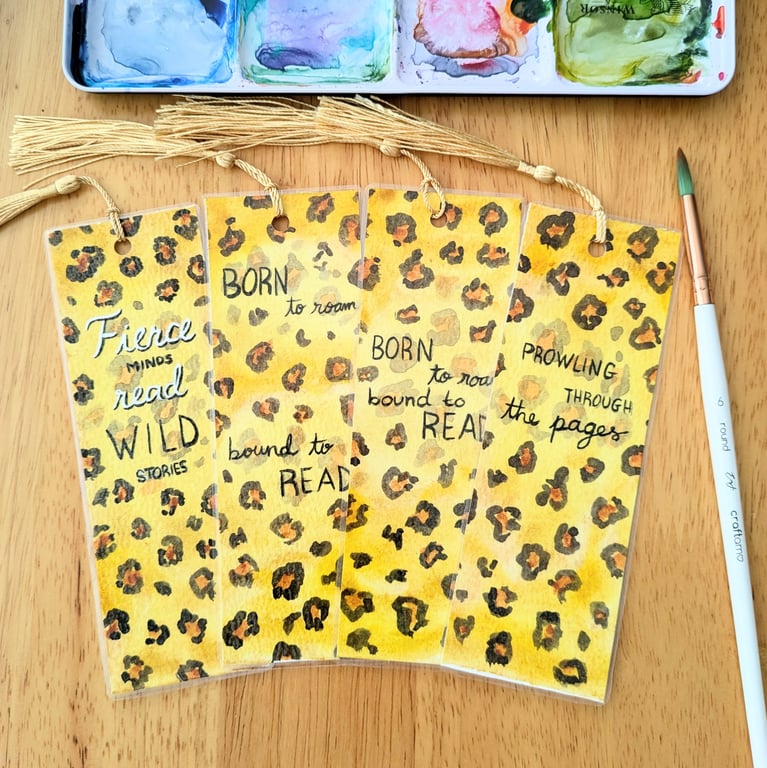 Bookmark Animal Print Original Art, watercolour painting, laminated with tassel