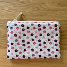 Small zipped fabric purse, pouch, make up bag, in cream and pink floral print.