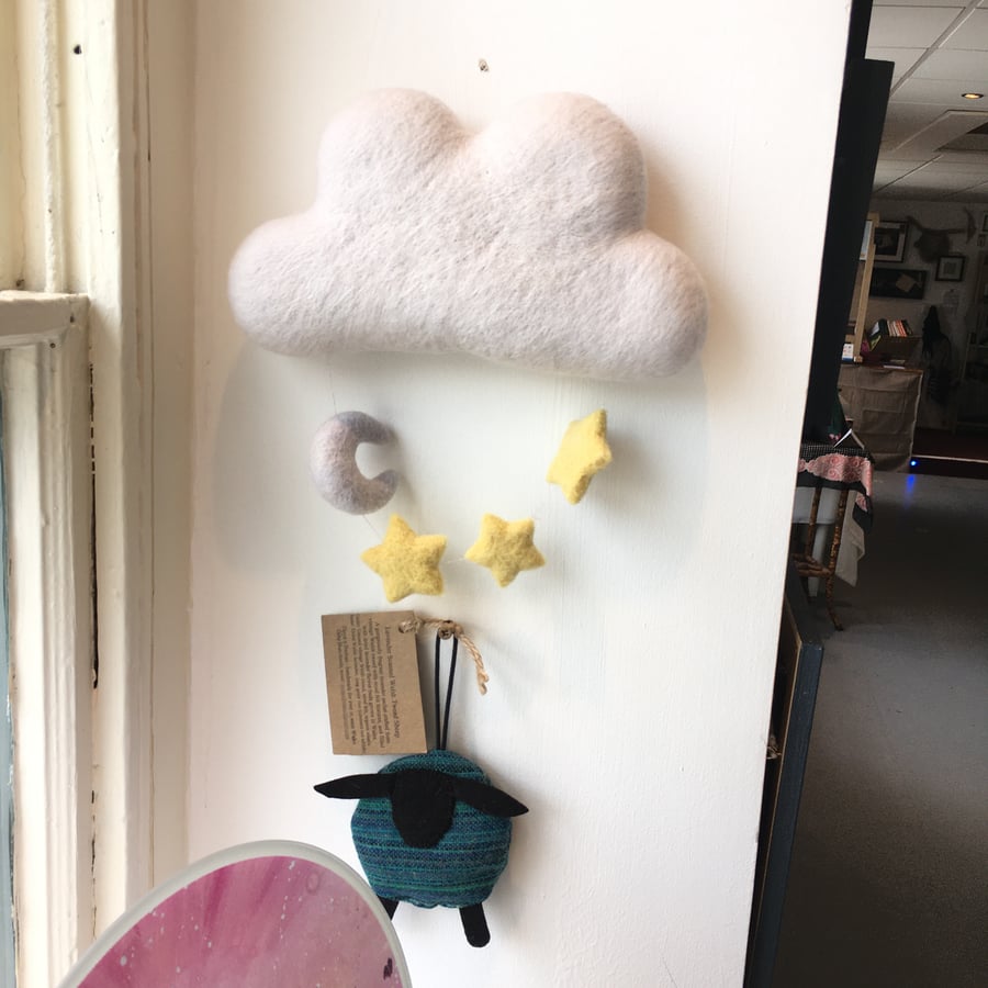 Cloud, Moon & Stars! needle felted wall hanging mobile with angelina wool