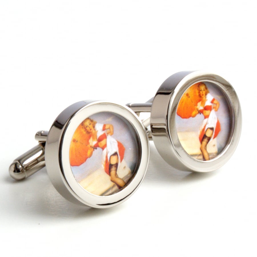 1950s Pinup Cufflinks Red Umbrella and Black Stockings Erotic Cufflinks 
