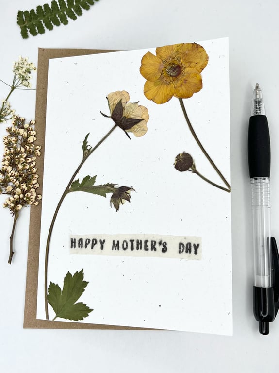 Mother's day, Handmade Real Pressed Flower, Geum, Greeting Card
