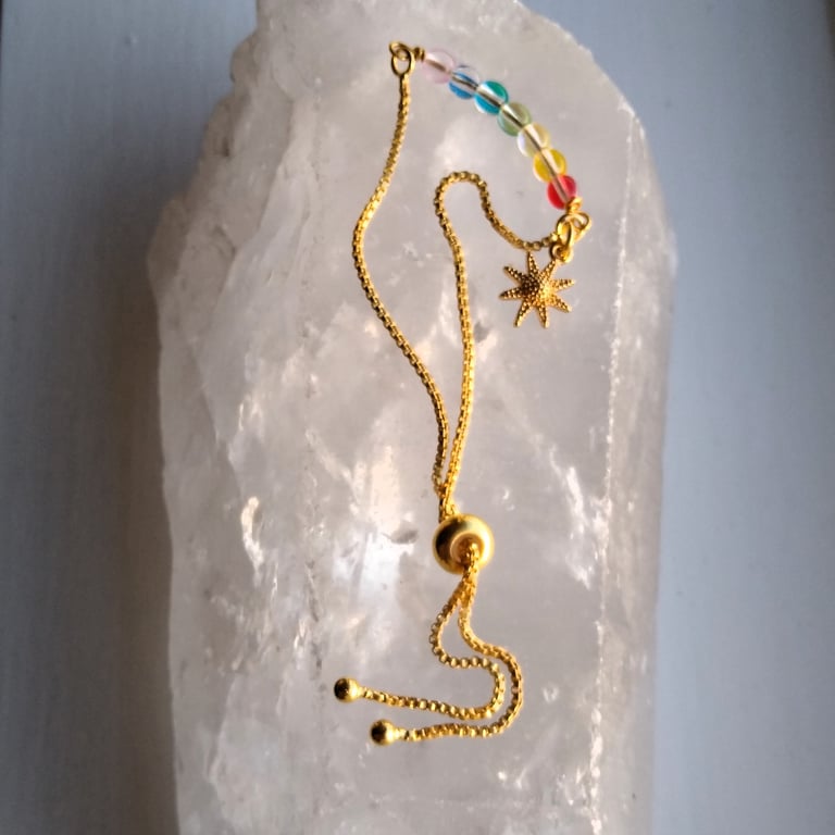 Rainbow Crystal & Sun Charm Adjustable Gold Chain Slider Bracelet