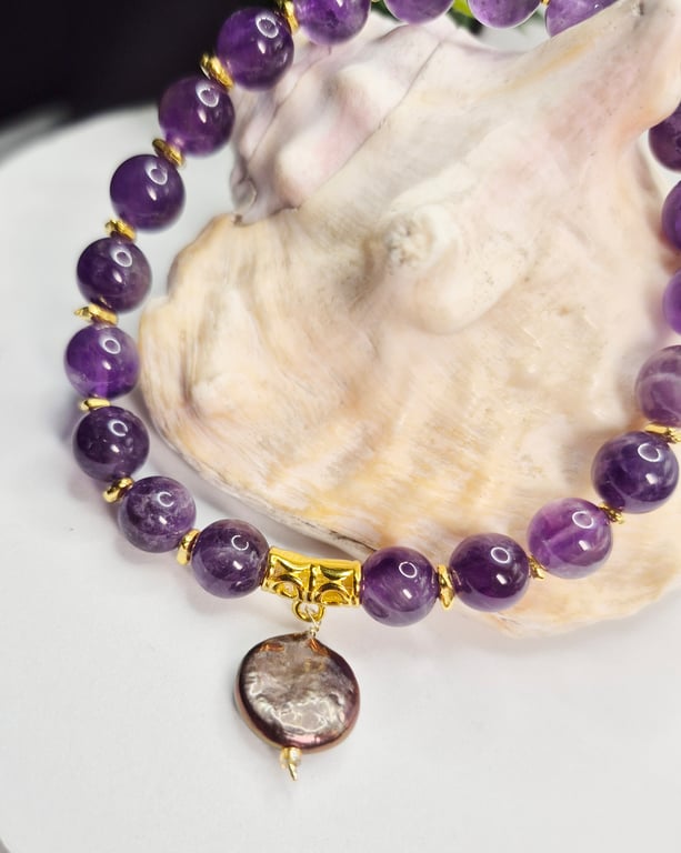 Amethyst & Gold Stretch Bracelet with Metallic Freshwater Coin Pearl