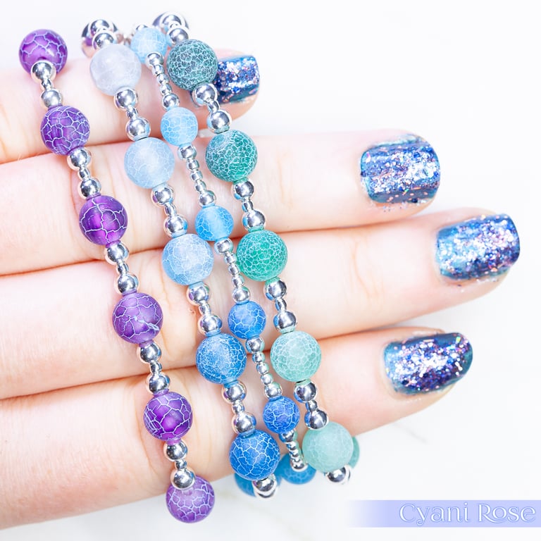 Bracelet with purple crackle glass and sterling silver beads stretchy handmade
