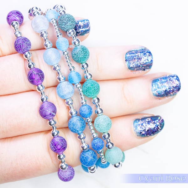 Bracelet with purple crackle glass and sterling silver beads stretchy handmade