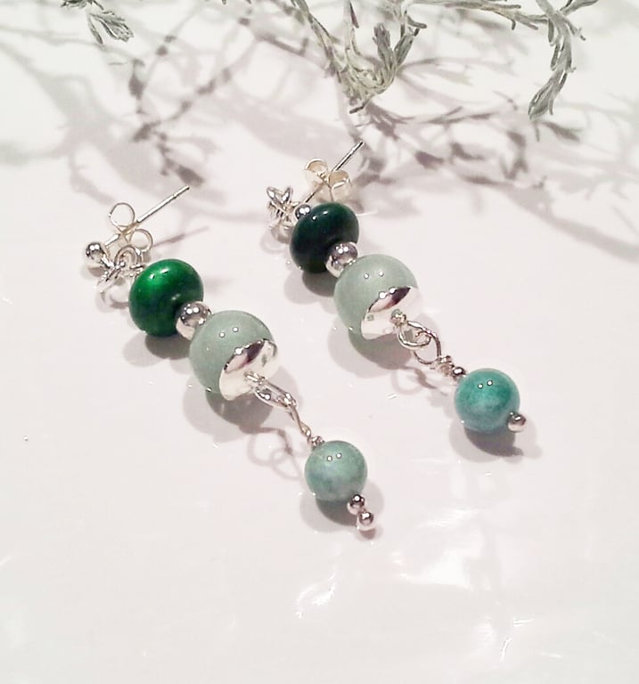 Aventurine,  Quartzite Stud Dangle Earrings Silver Plate