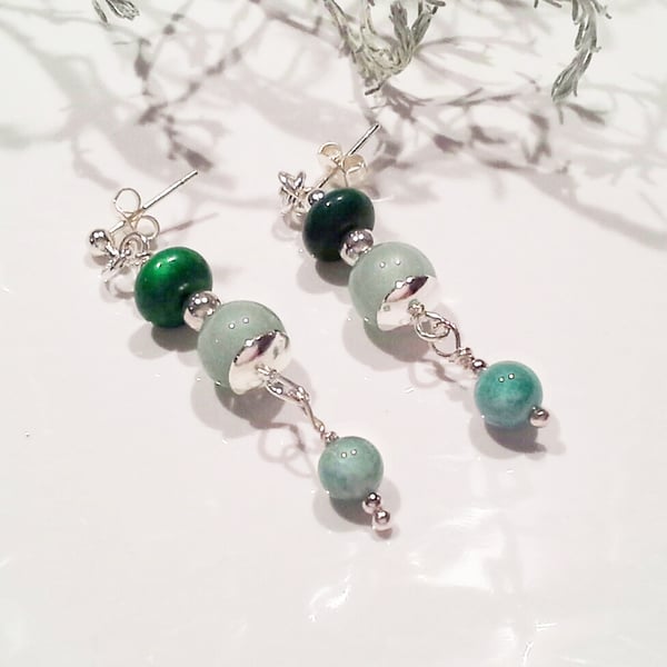 Aventurine,  Quartzite Stud Dangle Earrings Silver Plate