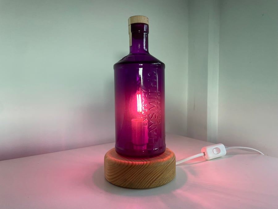 Decorative Table Lamp, Upcycled Mauve Glass Gin Bottle
