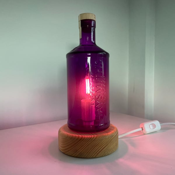 Decorative Table Lamp, Upcycled Mauve Glass Gin Bottle