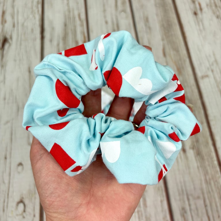 Handmade Screenprinted Scrunchies- Aqua Blue teatime abstract print red, white