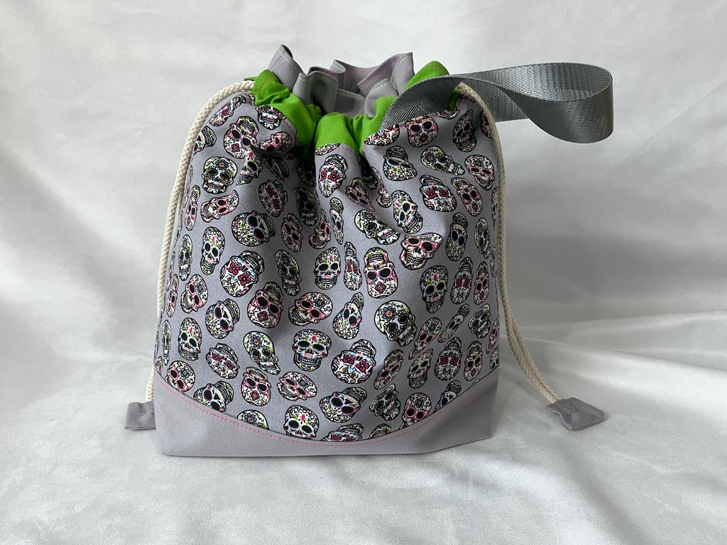 Large cotton canvas drawstring project bag Sugar Skulls