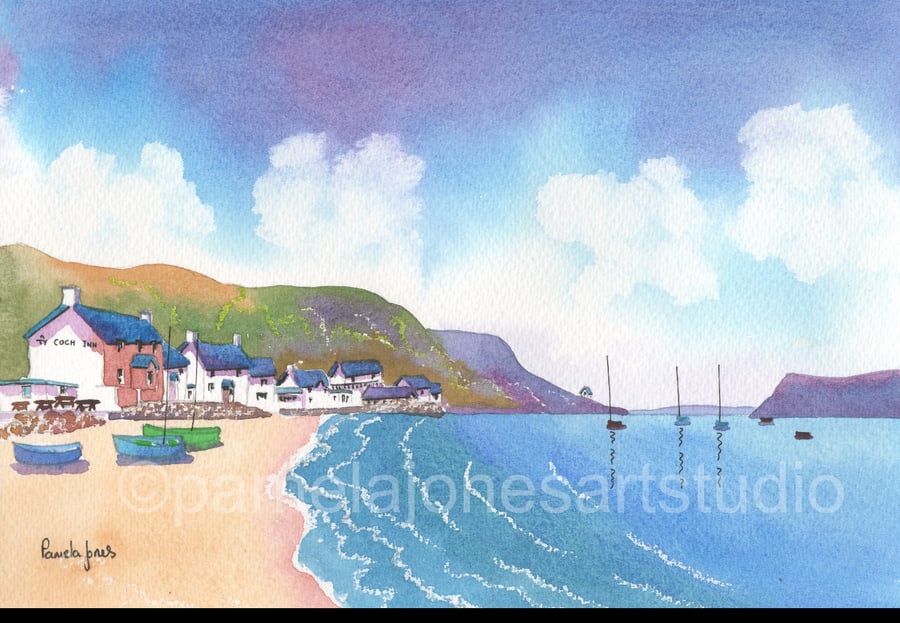 Porthdinllaen Beach, Morfa Nefyn, North Wales, Watercolour Print  20 x 16 